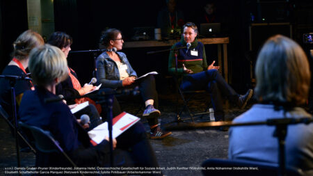 v.r.n.l.: Daniela Gruber-Pruner (Kinderfreunde), Johanna Hefel, Österreichische Gesellschaft für Soziale Arbeit , Judith Ranftler (Volkshilfe), Anita Nöhammer (Volkshilfe Wien), Elisabeth Schaffelhofer Garcia Marquez (Netzwerk Kinderrechte), Sybille Pirklbauer (Arbeiterkammer Wien)