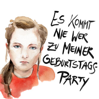 Aquarellillustration eines Kindes mit dem Zitat „Es kommt nie wer zu meiner Geburtstagsparty“ aus dem Forschungsprojekt zur Kindergrundsicherung.